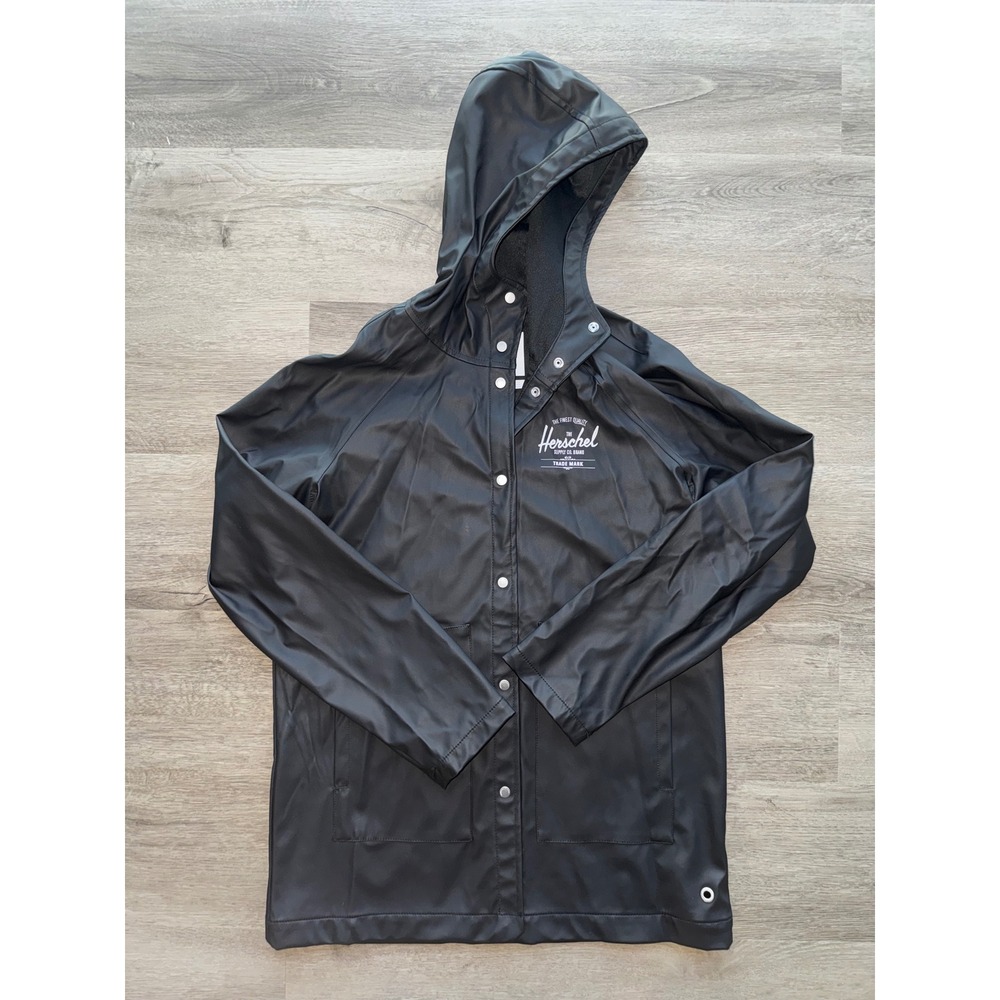 Herschel Women's Matte Black Waterproof Raincoat Small White Logo